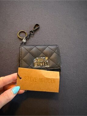 Steve Madden Black Quilted Keychain Card Wallet with Silver Hardware